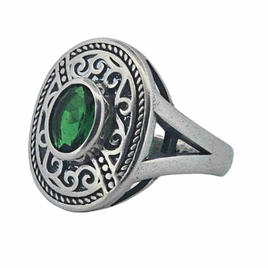 Anillo de Plata Envejecida con Piedra Turmalina Verde