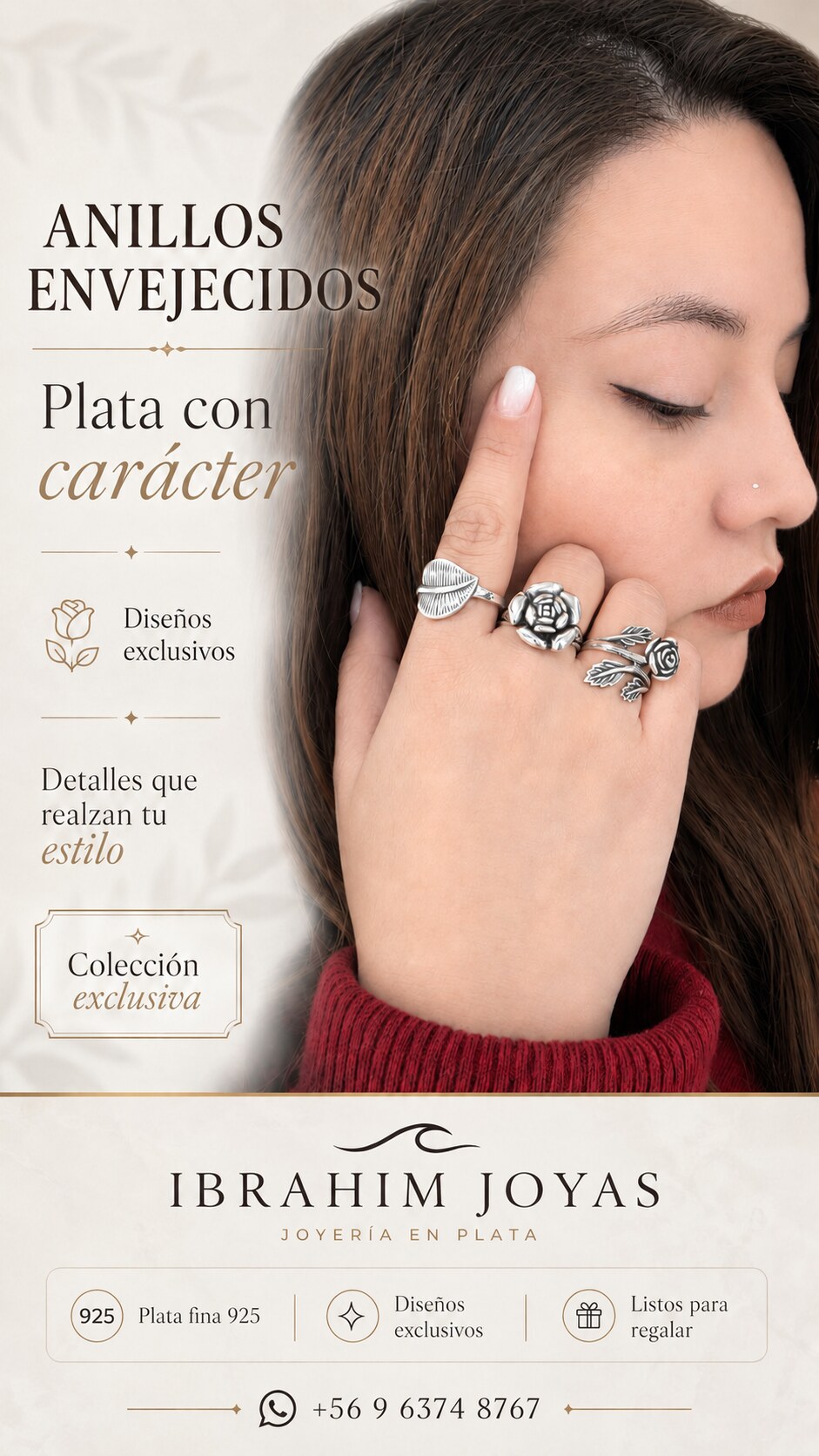 Anillos de plata con diseños de hojas y flores