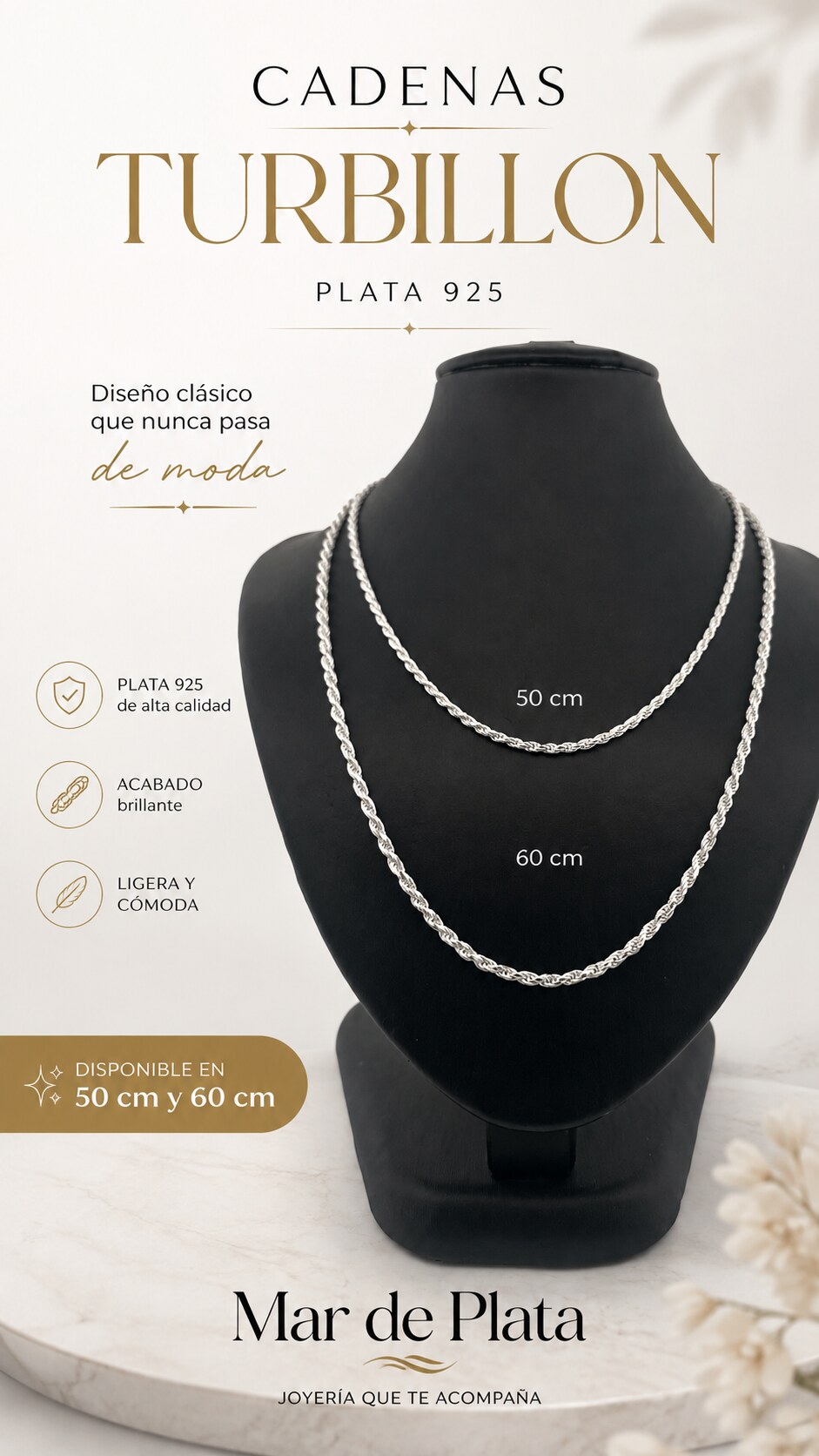 Cadenas Turbillon de plata sobre exhibidor negro