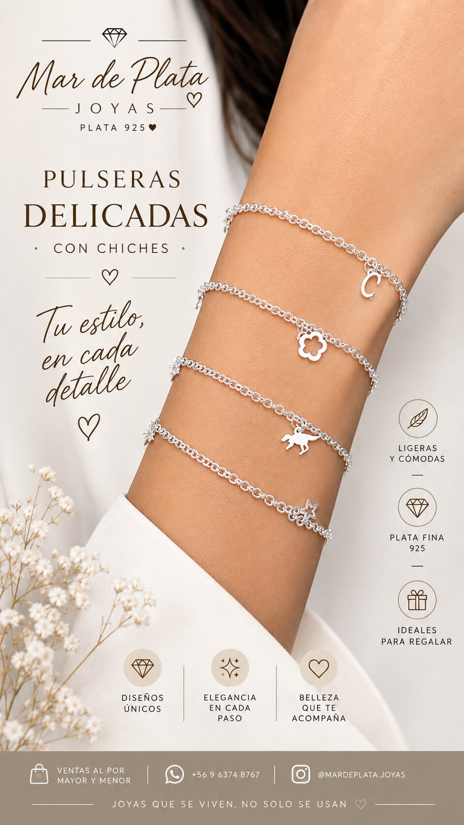 Pulseras de plata con colgantes delicados