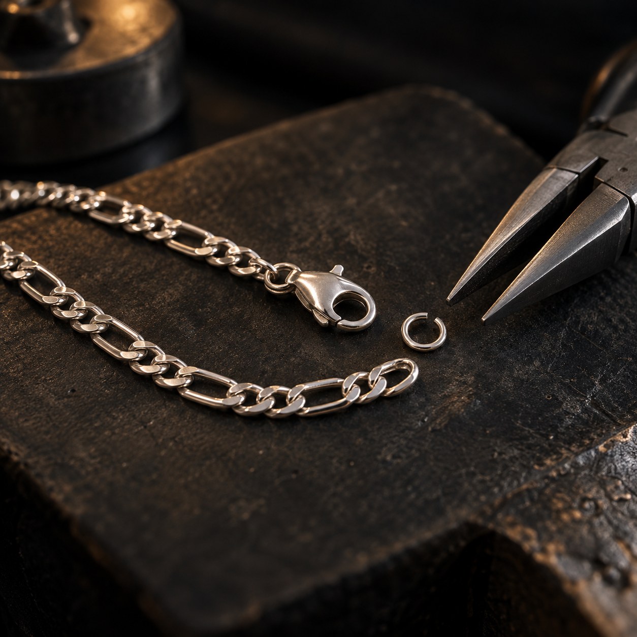 Imagen ilustrativa de una cadena de plata con broche y herramientas de reparación